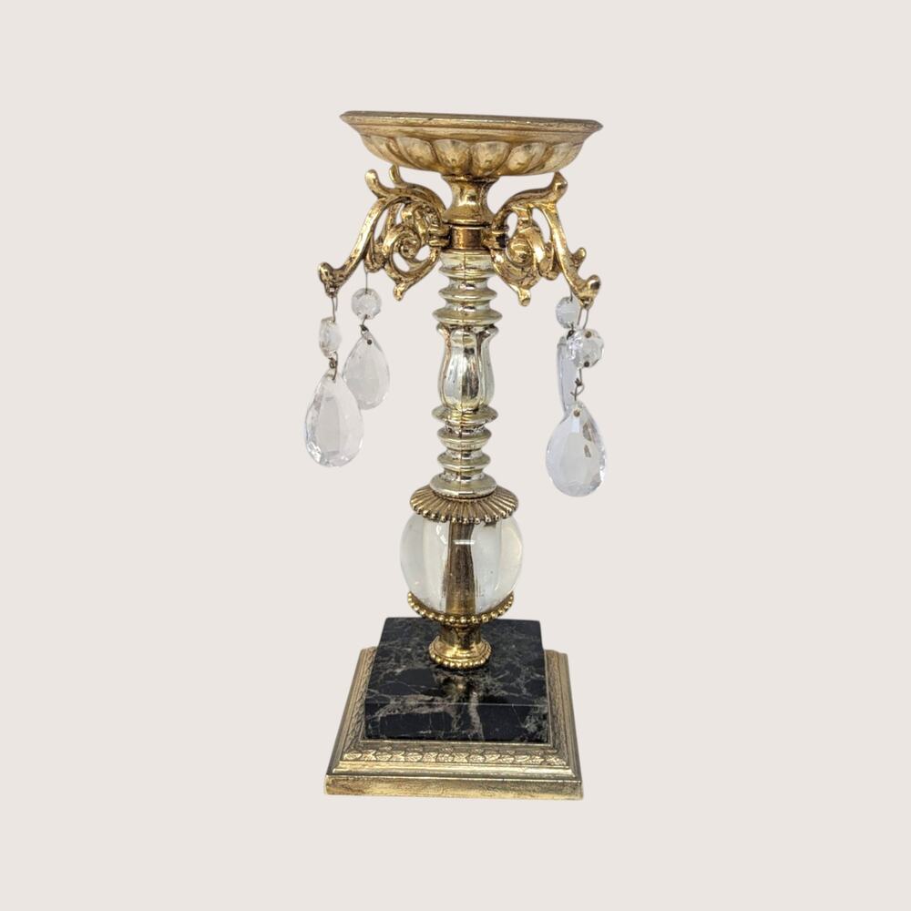 Vintage Ornate Brass Marble Crystal Candlestick Holder